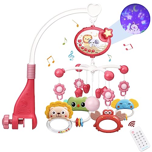 Baby Musical Crib Mobile with Light and Projector, Mobile for Crib with Remote Control ＆ Timming Function, Rotating Hanging Rattles Toy for Newborn(Red)