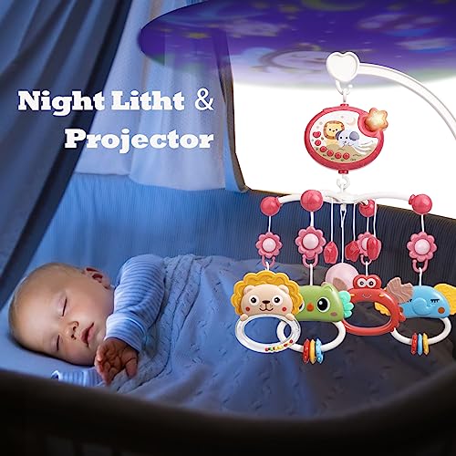 Baby Musical Crib Mobile with Light and Projector, Mobile for Crib with Remote Control ＆ Timming Function, Rotating Hanging Rattles Toy for Newborn(Red)