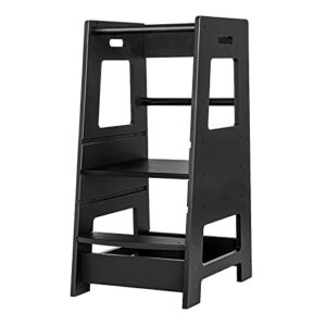 lusimo toddler step stool nursery standing tower wooden kids step stool with safety rail height adjustable toddler learning tower with anti-slip protection support up to 165lbs black