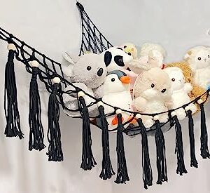 EOESFCB Stuffed Animals Net or Hammock Toy Hammock Boho Stuff Animal Storage Corner Hanging Net Holder Macrame Mesh Hammock Plush Toy Organizer with Tassel for Bedroom Nursery Decor - Black