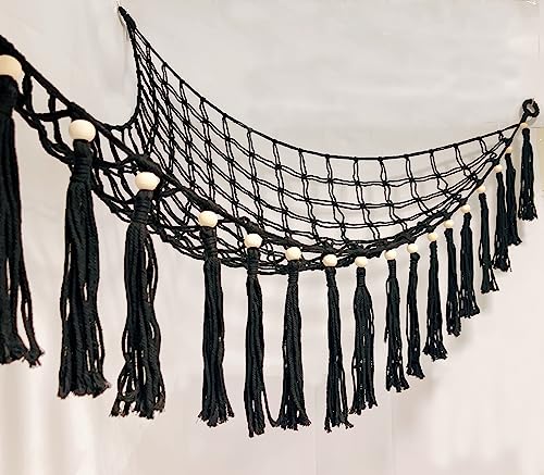 EOESFCB Stuffed Animals Net or Hammock Toy Hammock Boho Stuff Animal Storage Corner Hanging Net Holder Macrame Mesh Hammock Plush Toy Organizer with Tassel for Bedroom Nursery Decor - Black