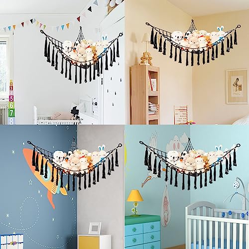 EOESFCB Stuffed Animals Net or Hammock Toy Hammock Boho Stuff Animal Storage Corner Hanging Net Holder Macrame Mesh Hammock Plush Toy Organizer with Tassel for Bedroom Nursery Decor - Black