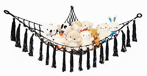 EOESFCB Stuffed Animals Net or Hammock Toy Hammock Boho Stuff Animal Storage Corner Hanging Net Holder Macrame Mesh Hammock Plush Toy Organizer with Tassel for Bedroom Nursery Decor - Black