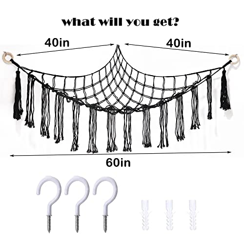 EOESFCB Stuffed Animals Net or Hammock Toy Hammock Boho Stuff Animal Storage Corner Hanging Net Holder Macrame Mesh Hammock Plush Toy Organizer with Tassel for Bedroom Nursery Decor - Black