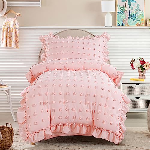 HOMBYS 4 Pieces Pink Princess Toddler Bedding Set for Girls, Boho Pom Pom Kids Comforter Set with Ruffles for All Season