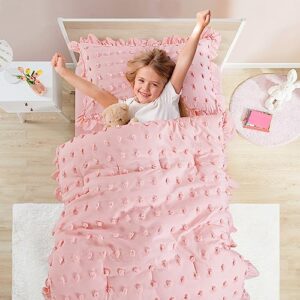 HOMBYS 4 Pieces Pink Princess Toddler Bedding Set for Girls, Boho Pom Pom Kids Comforter Set with Ruffles for All Season