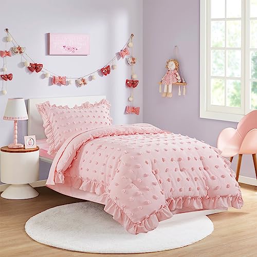 HOMBYS 4 Pieces Pink Princess Toddler Bedding Set for Girls, Boho Pom Pom Kids Comforter Set with Ruffles for All Season