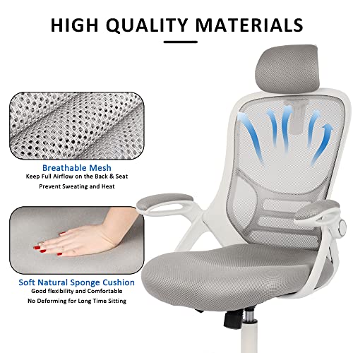 HYLONE Office Chair Executive Mesh Computer Desk Chair Comfortable with Headrest, Flip-up Arms, Adjustable Height, White