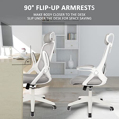 HYLONE Office Chair Executive Mesh Computer Desk Chair Comfortable with Headrest, Flip-up Arms, Adjustable Height, White