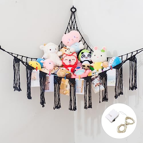 Jiuxqt Stuffed Animal Hammock toy organizers and Storage Boho Furniture Stuffed Animals Corner Hanging Kids Room Decor Hammock for Stuffed Animals Net Toy Hammock Toy Storage Black 1 Piece