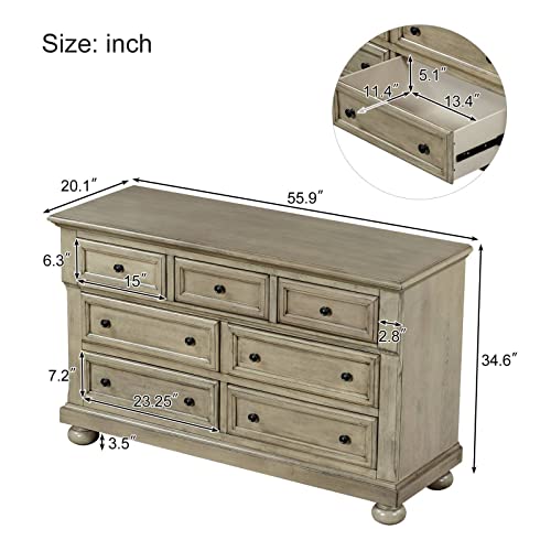 FRITHJILL 7 - Drawer Dresser, Traditional Solid Wood Chest of Drawers for Bedroom, Nursery, Stone Gray