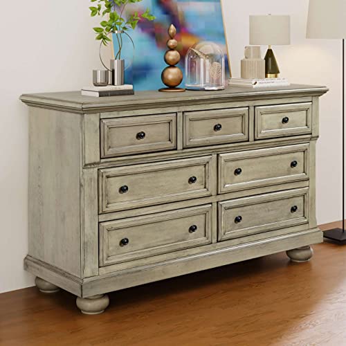 FRITHJILL 7 - Drawer Dresser, Traditional Solid Wood Chest of Drawers for Bedroom, Nursery, Stone Gray