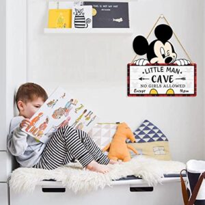 Little Man Cave Wooden Hanging Wall Sign, Mouse Wood Hanging Sign for Boy's Room Decoration, Baby Boy Nursery Door Sign Decor For Toddlers Kids Bedroom Red & Black Buffalo Plaid