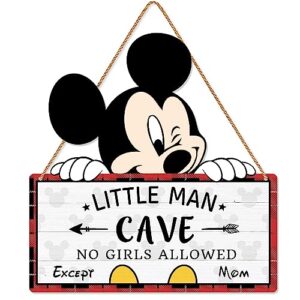 little man cave wooden hanging wall sign, mouse wood hanging sign for boy's room decoration, baby boy nursery door sign decor for toddlers kids bedroom red & black buffalo plaid