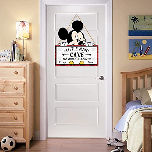 Little Man Cave Wooden Hanging Wall Sign, Mouse Wood Hanging Sign for Boy's Room Decoration, Baby Boy Nursery Door Sign Decor For Toddlers Kids Bedroom Red & Black Buffalo Plaid