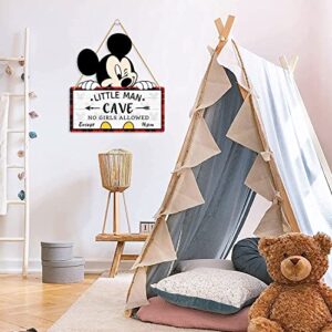 Little Man Cave Wooden Hanging Wall Sign, Mouse Wood Hanging Sign for Boy's Room Decoration, Baby Boy Nursery Door Sign Decor For Toddlers Kids Bedroom Red & Black Buffalo Plaid