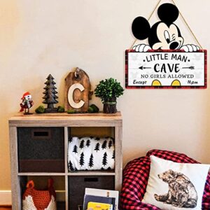 Little Man Cave Wooden Hanging Wall Sign, Mouse Wood Hanging Sign for Boy's Room Decoration, Baby Boy Nursery Door Sign Decor For Toddlers Kids Bedroom Red & Black Buffalo Plaid