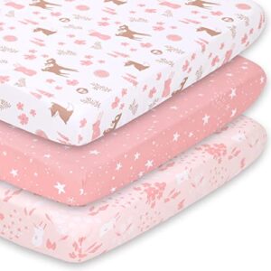 the peanutshell mini crib sheet set for girls, 3 pack, multiuse for pack & play, playard, playpen, mini crib, pink woodland floral