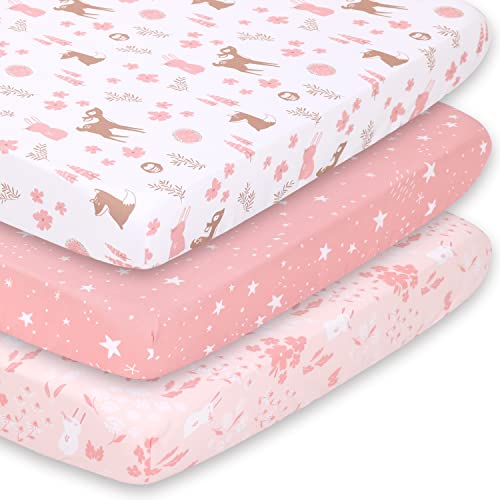 The Peanutshell Mini Crib Sheet Set for Girls, 3 Pack, Multiuse for Pack & Play, Playard, Playpen, Mini Crib, Pink Woodland Floral
