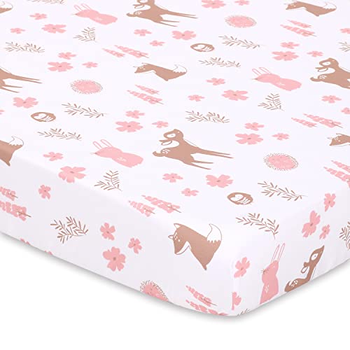 The Peanutshell Mini Crib Sheet Set for Girls, 3 Pack, Multiuse for Pack & Play, Playard, Playpen, Mini Crib, Pink Woodland Floral