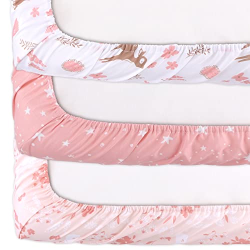 The Peanutshell Mini Crib Sheet Set for Girls, 3 Pack, Multiuse for Pack & Play, Playard, Playpen, Mini Crib, Pink Woodland Floral