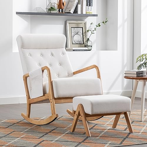 GNIXUU Glider Chair with Ottoman, Rocking Chair for Nursery, Upholstered Fabric Rocking Armchair Indoor with High Backrest for Living Room(Beige)