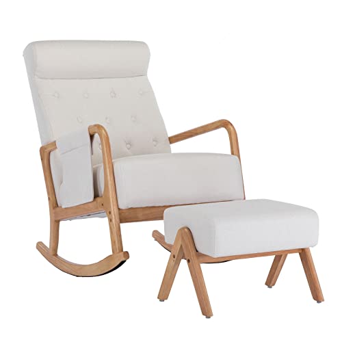 GNIXUU Glider Chair with Ottoman, Rocking Chair for Nursery, Upholstered Fabric Rocking Armchair Indoor with High Backrest for Living Room(Beige)