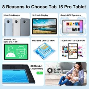 Blackview 10.5 inch Android 12 Tablet, Widevine L1, 14GB+256GB/TF 1TB, 8280mAh Battery, 13MP+8MP Cameras, Octa-Core Gaming Tablet with Stylus, FHD+ IPS Screen/5G WiFi/Quad Speakers/GPS-Tab 15 Pro Blue