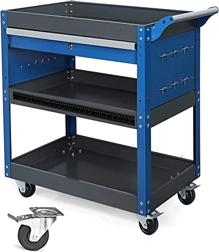 AIRAJ PRO 3 Tier Tool Cart,440 LBS Rolling Tool Cart with Drawer and Wheels,Heavy Duty Industrial Service Cart,Tool Storage Cart with Lockable Drawers ,Tool Storage Organizer for Garage, Warehouse,Workshop,Blue