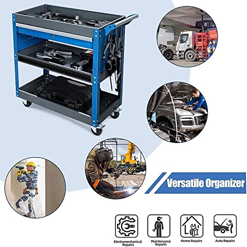 AIRAJ PRO 3 Tier Tool Cart,440 LBS Rolling Tool Cart with Drawer and Wheels,Heavy Duty Industrial Service Cart,Tool Storage Cart with Lockable Drawers ,Tool Storage Organizer for Garage, Warehouse,Workshop,Blue