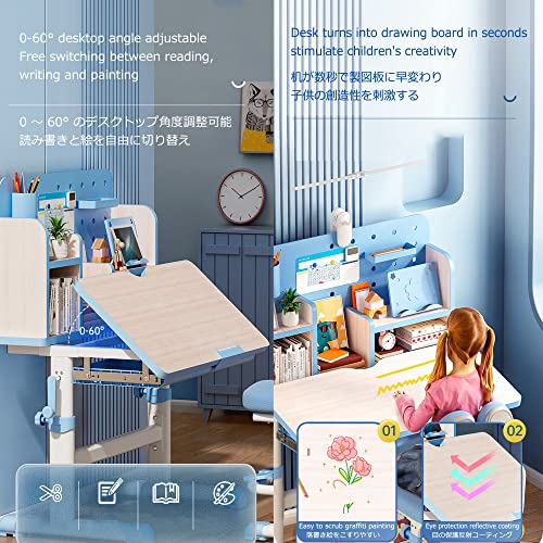 Kids Desk and Chair Set 3-18 Year Old, Toddler Chair and Table Set, with 0-60° Table Angle Adjustment and Easy to scrub graffiti painting desktop, Height Adjustable Ergonomic Children Study Desk ( Col