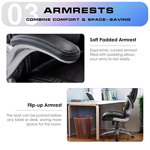 COLAMY Office Chair, Executive High Back Computer Chair, Ergonomic Chair with Adjustable Lumbar Support, Thick Leather Desk Chair Flip-up Arms, Swivel Rolling Work Chair for Adults, Men, Women (Black)