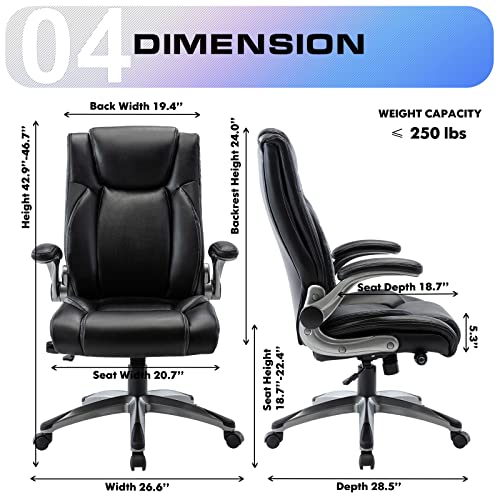 COLAMY Office Chair, Executive High Back Computer Chair, Ergonomic Chair with Adjustable Lumbar Support, Thick Leather Desk Chair Flip-up Arms, Swivel Rolling Work Chair for Adults, Men, Women (Black)