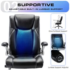 COLAMY Office Chair, Executive High Back Computer Chair, Ergonomic Chair with Adjustable Lumbar Support, Thick Leather Desk Chair Flip-up Arms, Swivel Rolling Work Chair for Adults, Men, Women (Black)