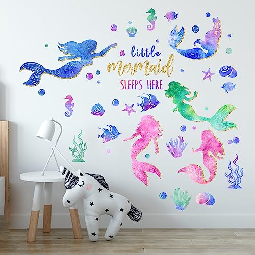 Yovkky Baby Girls Mermaid Wall Decals Stickers, Under The Sea Ocean Creatures Fish Conch Bubble Glitter Nursery Kids Room Crib Decor, A Little Mermaid Sleeps Here Home Decorations Bedroom Art