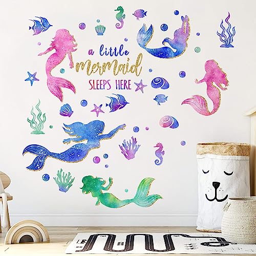 Yovkky Baby Girls Mermaid Wall Decals Stickers, Under The Sea Ocean Creatures Fish Conch Bubble Glitter Nursery Kids Room Crib Decor, A Little Mermaid Sleeps Here Home Decorations Bedroom Art
