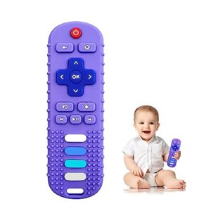 robbear baby teething toys, soft silicone teethers for babies 3 6 12 18 months, tv remote control shape infant chew toys for boys and girls, baby teething relief, bpa free (rc-purple)