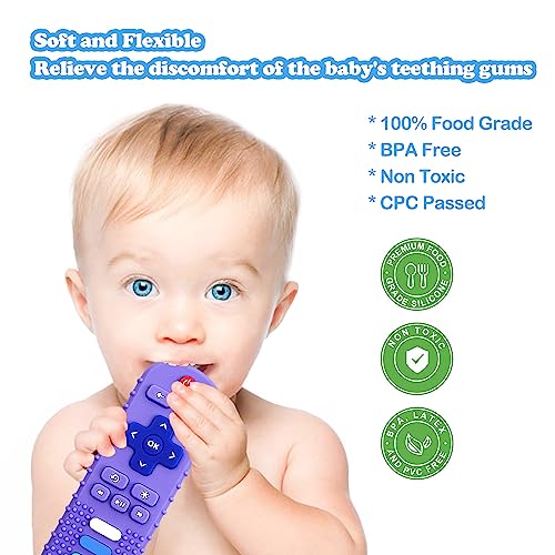 ROBBEAR Baby Teething Toys, Soft Silicone Teethers for Babies 3 6 12 18 Months, TV Remote Control Shape Infant Chew Toys for Boys and Girls, Baby Teething Relief, BPA Free (RC-Purple)
