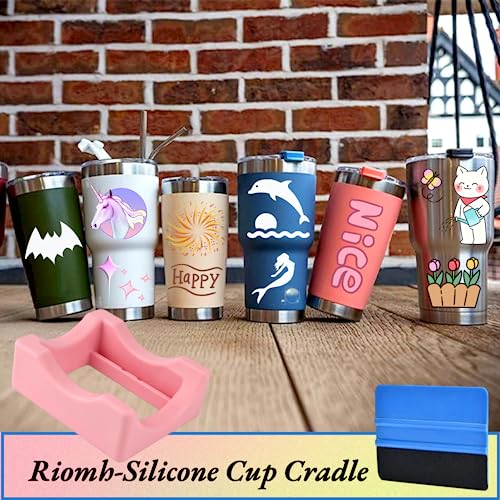 Riomh Cup Cradle for Tumblers, Silicone Tumbler Holder for Vinyl Decals, Tumbler Cradle Built-in Slot with Felt Edge Squeegee for Crafting Decals on Cups, Bottles