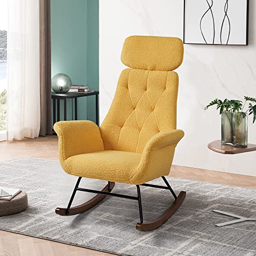 Wirrytor Modern Nursery Rocking Chair, Teddy Fabric Upholstered Glider Rocker Chair,Rocking Accent Chair with High Backrest Armchair Comfy Side Chair for Living Room Bedroom Home Offices(Teddy Yellow)