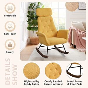 Wirrytor Modern Nursery Rocking Chair, Teddy Fabric Upholstered Glider Rocker Chair,Rocking Accent Chair with High Backrest Armchair Comfy Side Chair for Living Room Bedroom Home Offices(Teddy Yellow)