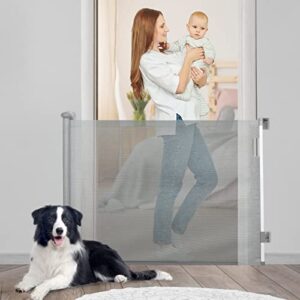 retractable safety gate for baby and pets 34" tall, extends to 55" wide，mesh child gate for stairs,doorways, hallways,gray