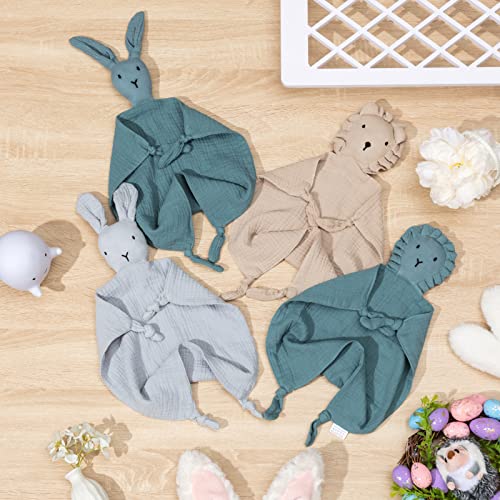 Tudomro 4 Pcs Organic Cotton Muslin Lovey Blanket Muslin Loveys for Babies, Bunny Lion Soft Breathable Security Blanket Lovies for Babies, Baby Gifts for Boys Girls (Gray, Khaki, Dark Green, Teal)