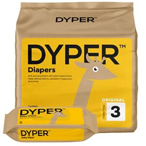 DYPER Viscose from Bamboo Baby Diapers Size 3 + 1 Pack Wet Wipes | Honest Ingredients | Made with Plant-Based* Materials | Hypoallergenic for Sensitive Skin, Unscented