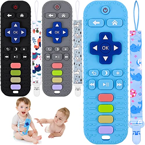 3 Pack Silicone Baby Teething Toys,Remote Control Teether for Baby,Teething Toys for Babies 0-24 Months,Baby Chew Teether Toys for Toddlers,Roku Remote Teether for Baby,BPA Free Refrigerator Safe.