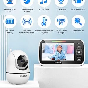 Baby Monitor with Camera and Audio - 5” Display Video Baby Monitor with 29 Hour Battery Life, Remote Pan & Tilt, 2X Zoom,Auto Night Vision, 2 Way Talk, Temperature Sensor,Lullabies,960 Feet Range