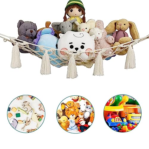 Stuffed Animal Toy Storage Hammock, BetterJonny Toy Hammock Macrame Stuff Animal Storage Corner Hanging Net Holder with Hanging Hardware for Plush Toys Kids Bedroom Décor 55 inch