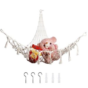 Stuffed Animal Toy Storage Hammock, BetterJonny Toy Hammock Macrame Stuff Animal Storage Corner Hanging Net Holder with Hanging Hardware for Plush Toys Kids Bedroom Décor 55 inch