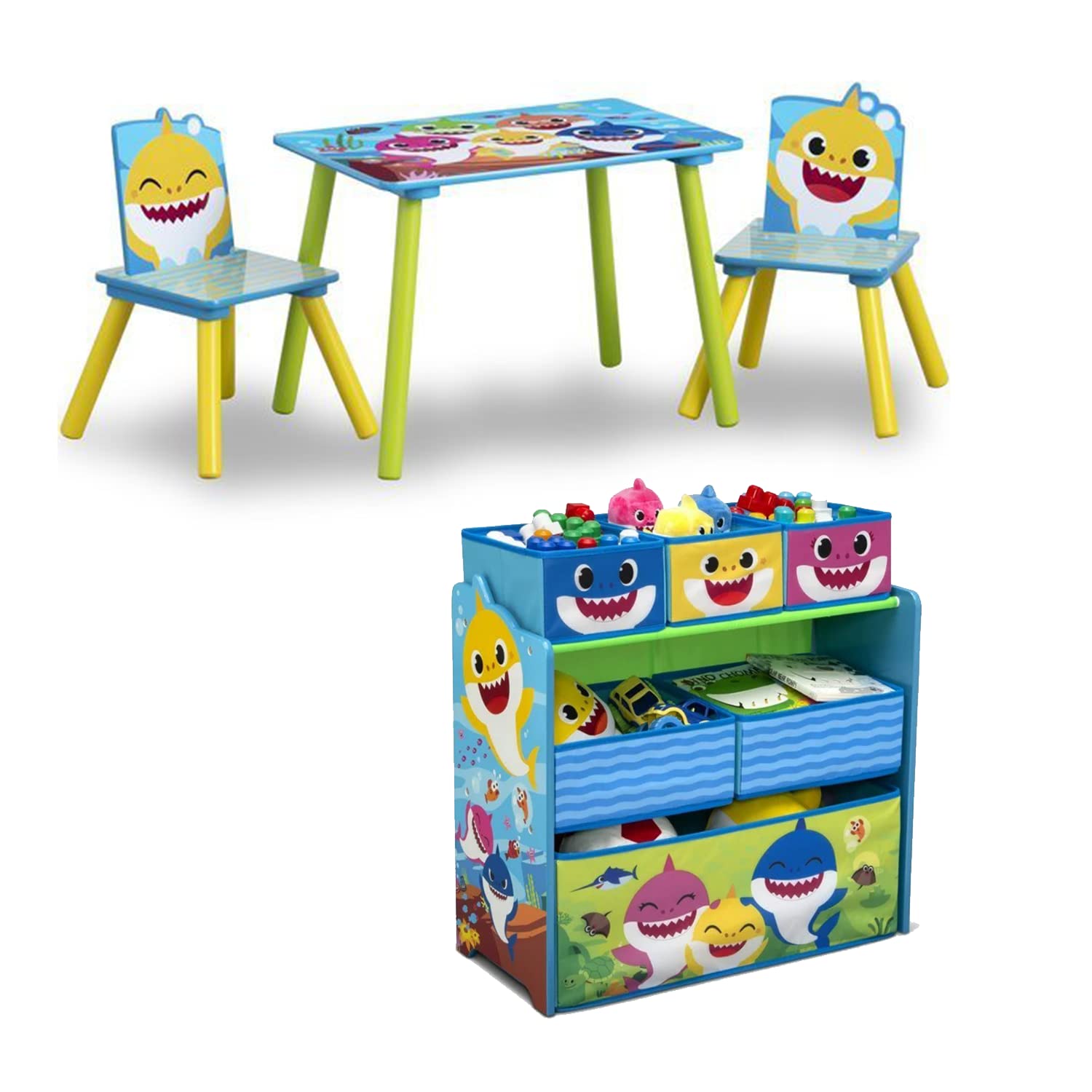 PZCXBFH Baby Shark Playroom Solutions Set of 4 - Set Includes Table and 2 Chairs and 6 Boxes of Toy Storage