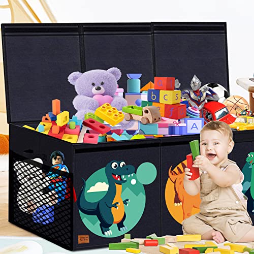 Toy Chest for Boys,Kids Toy Storage Bins,Toy Box for Boys,Collapsible toy organizers with Lid Handles,Removable Divider,Large Storage Containers for Playroom,Bedroom,Nursery,Dinosaur Pattern (black)